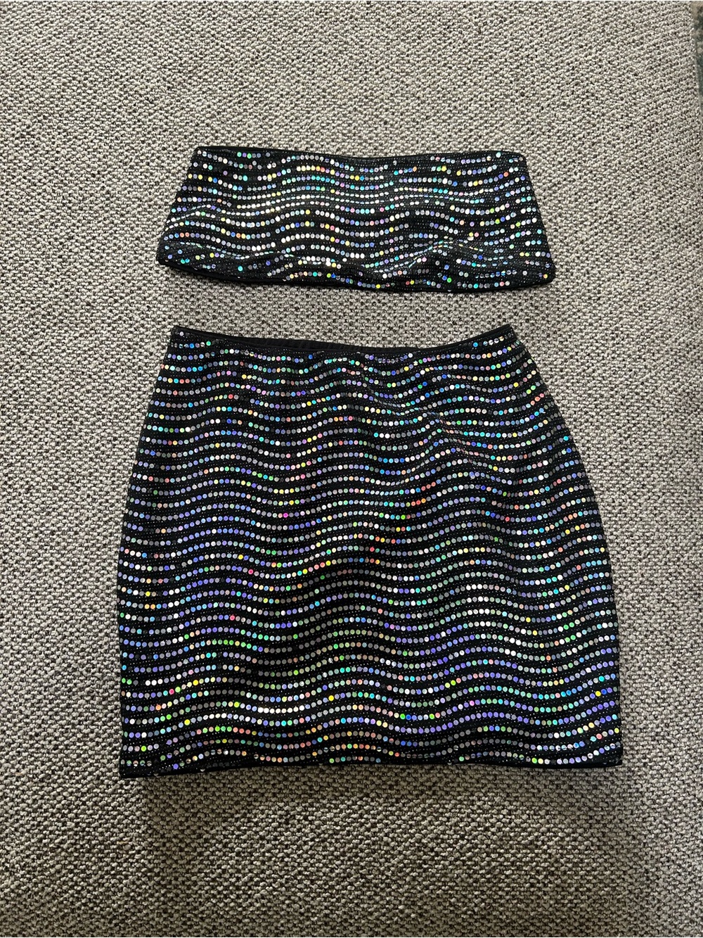 Black Holographic Sequin Mini Skirt - Two-Piece Set